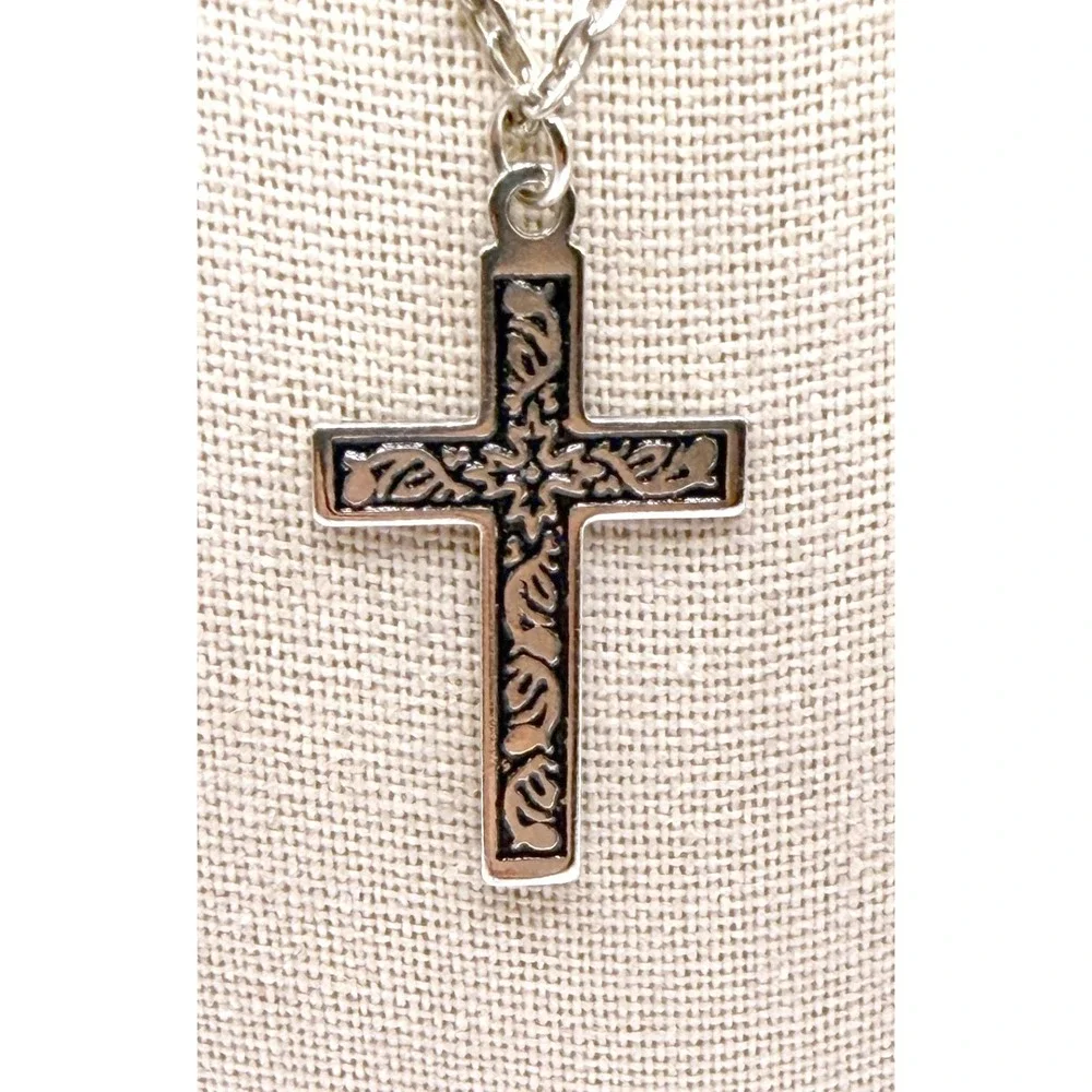 Silver Tone Engraved Christian Cross Pendant Necklace 20